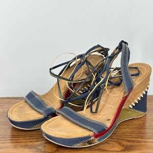 Y2K Denim Patchwork Lace Up Wedge Sandals Boho Beach Southwest 9